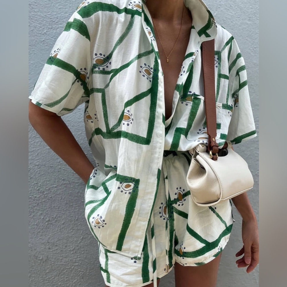Commense White and Green Short Set with Floral Trim - Picture 7 of 12